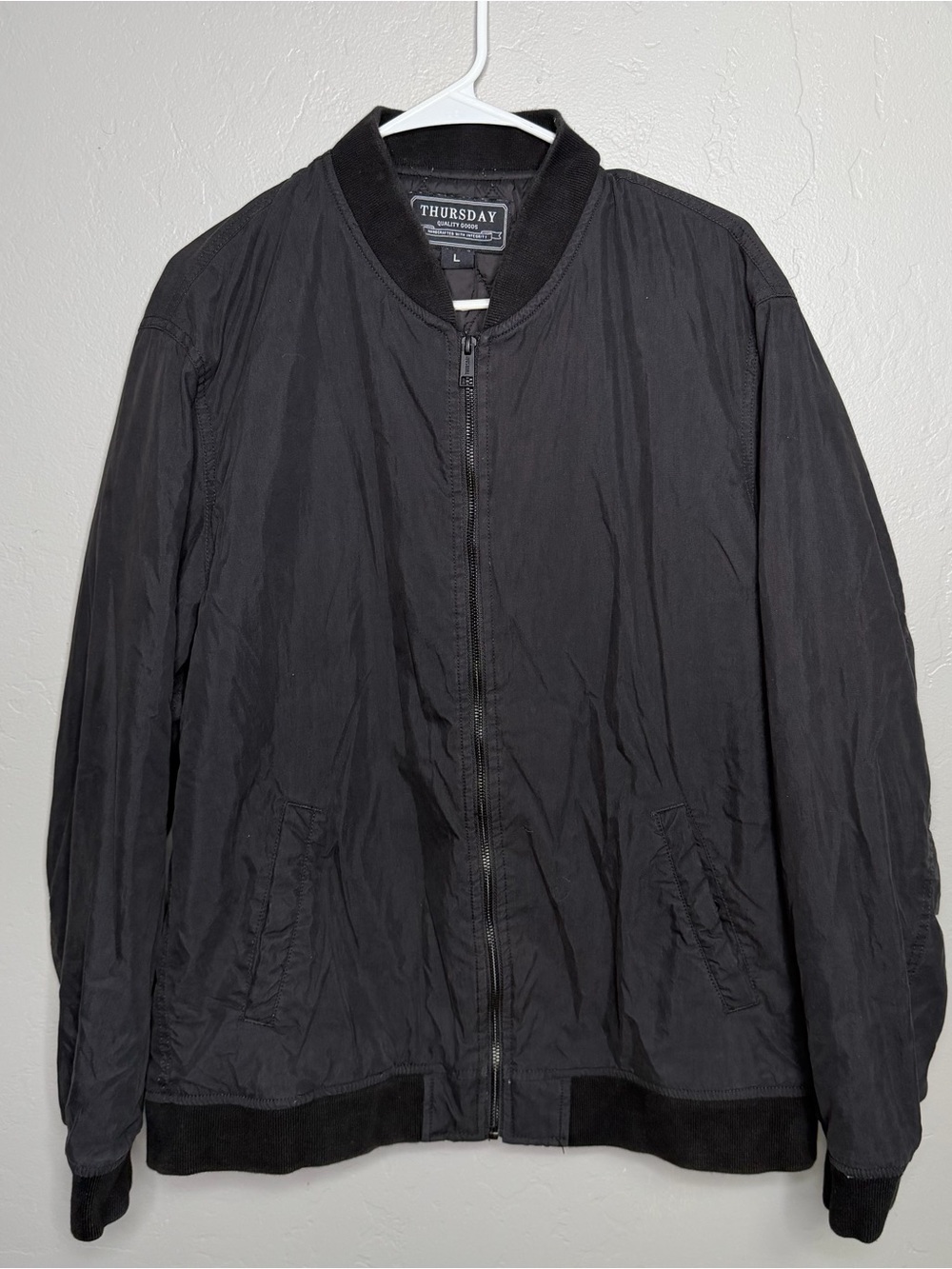 Thursday Quality Goods Black Bomber Jacket Mens L Zip Up Quilted Cotton Nylon